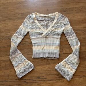 Kimchi Blue Urban Outfitters Crochet Bell Sleeve V-Neck Top Pastel Striped Small